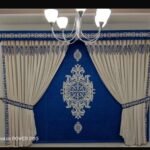 Elegant Royal Blue and Cream Decorative Curtain Set with Classic Embroidery